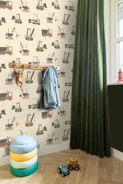 ESTAhome behang voertuigen beige, terracotta en blauw - 50 x 900 cm - 132244