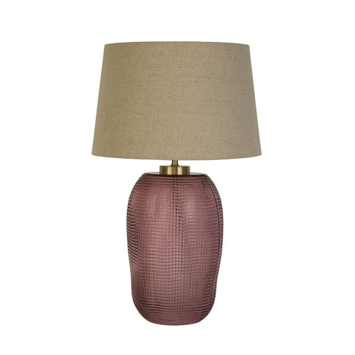 Searchlight Amethyst 1-lichts tafellamp, roze glas met natuurlijke linnen kap