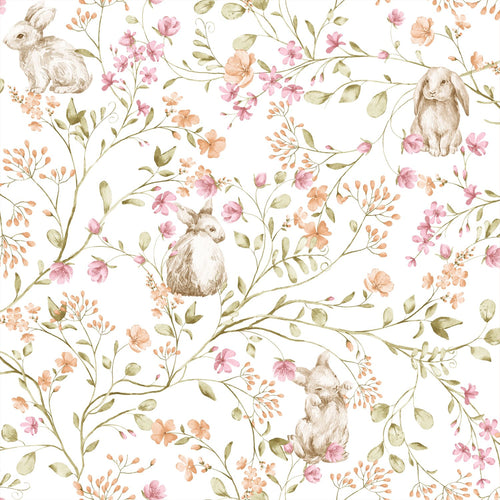 ESTAhome behang toile de jouy konijnen groen, roze en oranje - 0.53 x 10.05 m - 131705