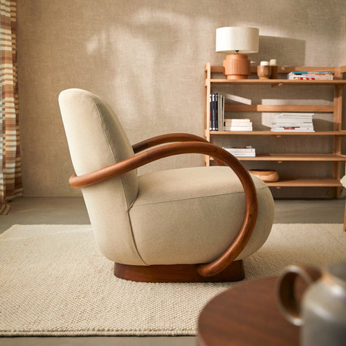 Tikamoon Draaifauteuil van massief mindihout en ecru stof - Beige