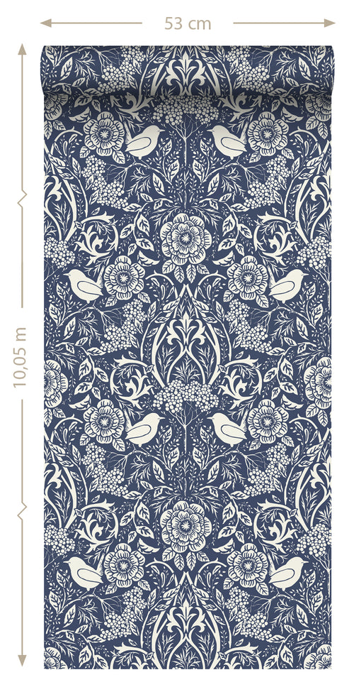 ESTAhome behang bloemen en vogels in art nouveau stijl donkerblauw - 50 x 900 cm - 139435