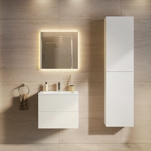 LOMAZOO badmeubelset Nuvano - met hoge kast & witte wastafel - glanzend wit - 60 cm