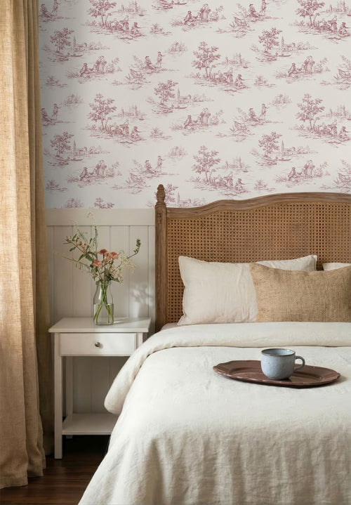 ESTAhome behang toile de jouy print bordeaux rood en wit - 50 x 900 cm - 132111