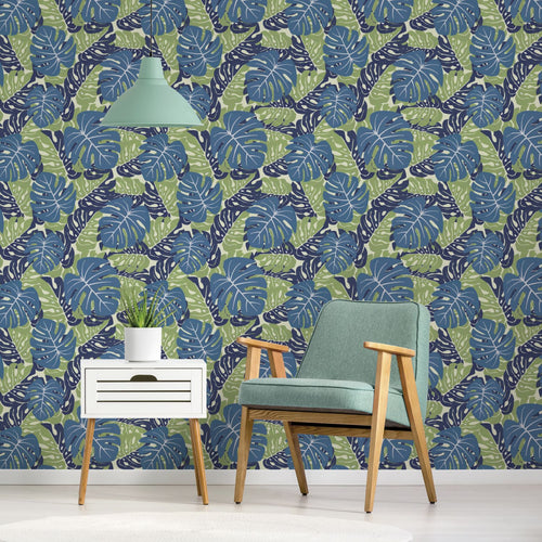 Walls4You behang palmbladeren vergrijsd blauw en vergrijsd groen - 53 cm x 10 m - 640160