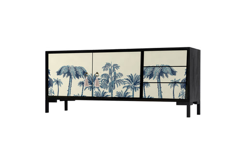 Meubel TV 2 deuren 3 lades JAN gelakt MDF met vintage palmprint