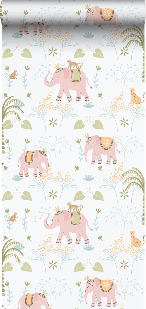 Sanders & Sanders behang olifanten roze, groen en wit - 53 cm x 10.05 m - 640626