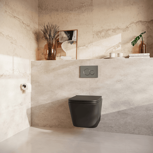 LOMAZOO hangtoiletset Linea - met inbouwreservoir & ronde drukplaat - vierkant - gun metal / zwart