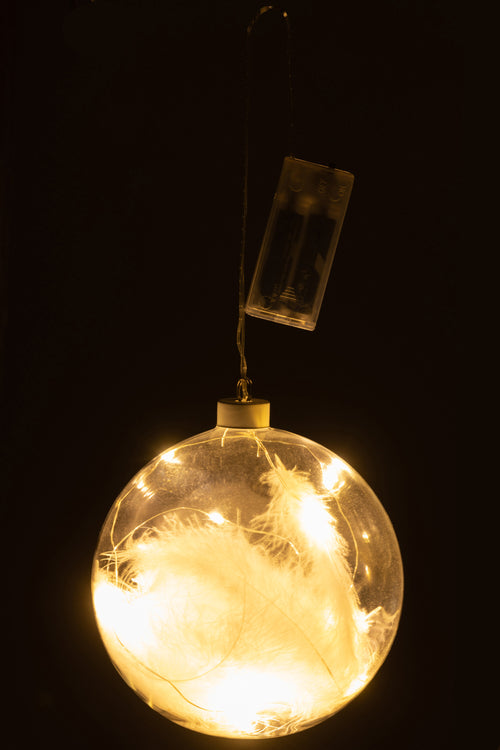 J-Line decoratie Bal Pluimen - glas - wit - large - 6 stuks - LED lichtjes