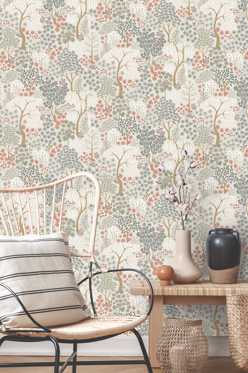 ESTAhome behang bomen en bloemen vergrijsd groen en terracotta - 50 x 900 cm - 131187 - vtwonen shop