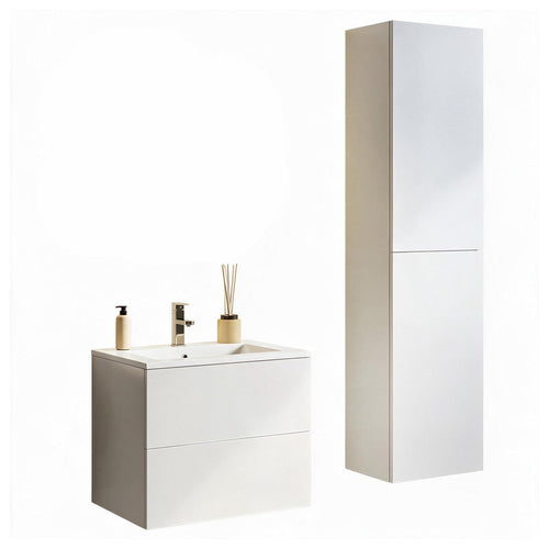 LOMAZOO badmeubelset Nuvano - met hoge kast & witte wastafel - glanzend wit - 60 cm