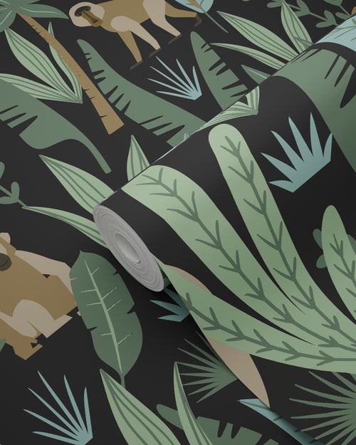 ESTAhome behang jungle apen zwart, donkergroen en mintgroen - 53 cm x 10.05 m - 139074
