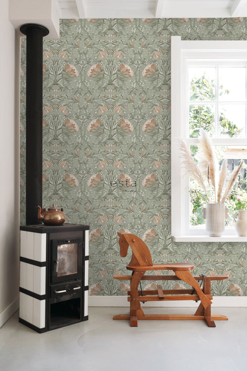 ESTAhome behang vintage bloemen in art nouveau stijl vergrijsd groen en oudroze - 0.53 x 10.05 m - 139419 - vtwonen shop