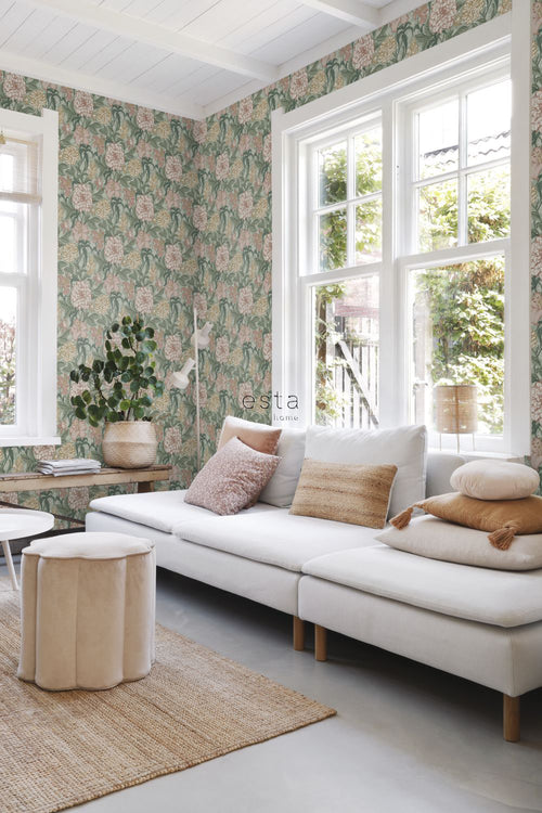 ESTAhome behang vintage bloemen groen en oudroze - 53 cm x 10.05 m - 139378