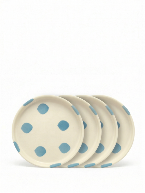 vtwonen - Gebaksbord - Stippen - Blauw - Keramiek - 13cm - Set van 4