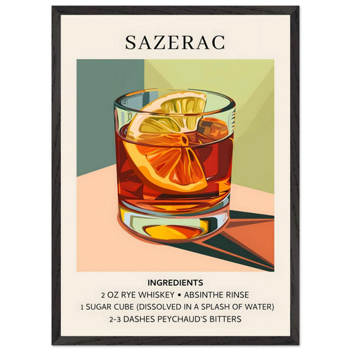 Artfulprints Poster met Lijst Sazerac cocktail - Ingrediënten   - 50x70 cm - Meerkleurig