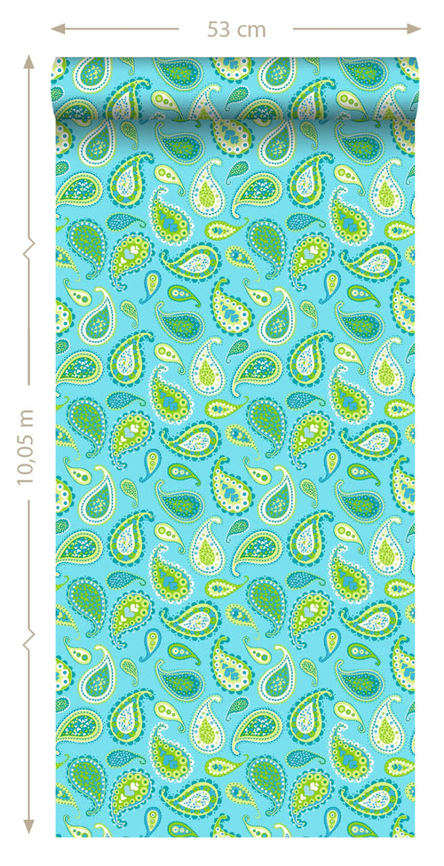 ESTAhome behang paisley turquoise en limegroen - 53 cm x 10.05 m - 115827