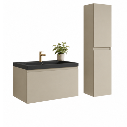 LOMAZOO badmeubelset Sorrento - met hoge kast & zwarte wastafel - greige - 80 cm