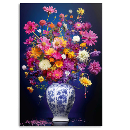 Reinders Delft Blue Vibrant Flowers glasschilderij -  meerkleurig/multi color - woonkamer - 116x78cm