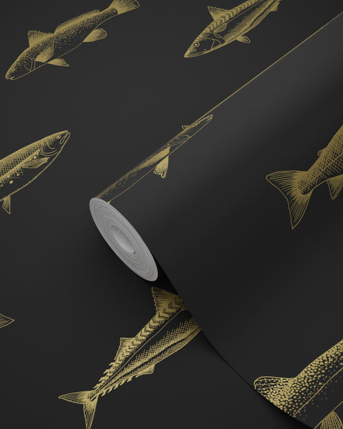 ESTAhome behang pentekening vissen zwart en goud - 53 cm x 10.05 m - 139124