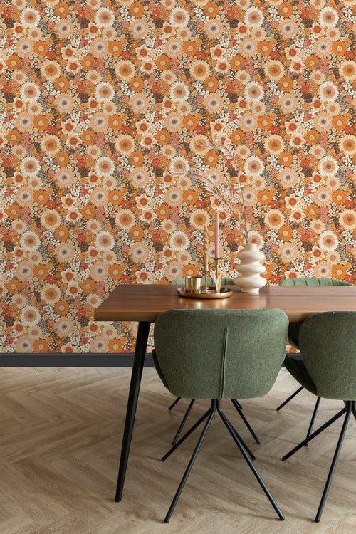 ESTAhome behang retro bloemen oranje en terracotta roze - 50 x 900 cm - 131318