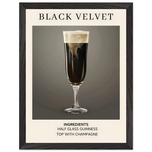 Artfulprints Poster met Lijst Black Velvet cocktail - Ingrediënten   - 30x40 cm - Zwart / Wit