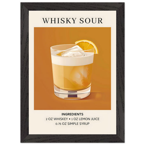 Artfulprints Poster met Lijst Whisky Sour cocktail - Ingrediënten   - A4 21x29.7 cm - Oranje