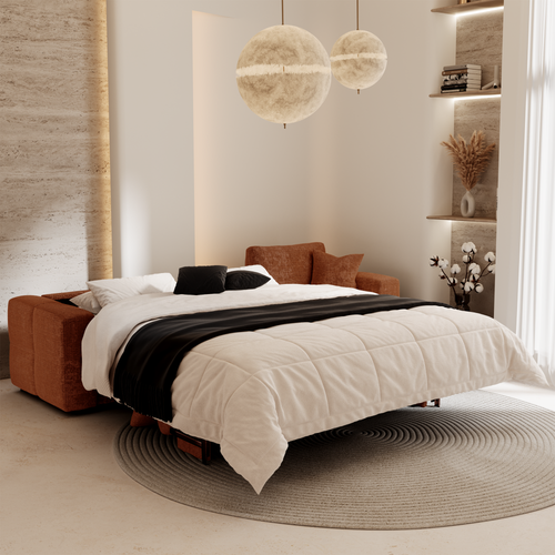 Premium Interiors - Rechthoekige hoekbank met snelle slaapfunctie VIBE - gewaafd fluweel terracotta 286cm