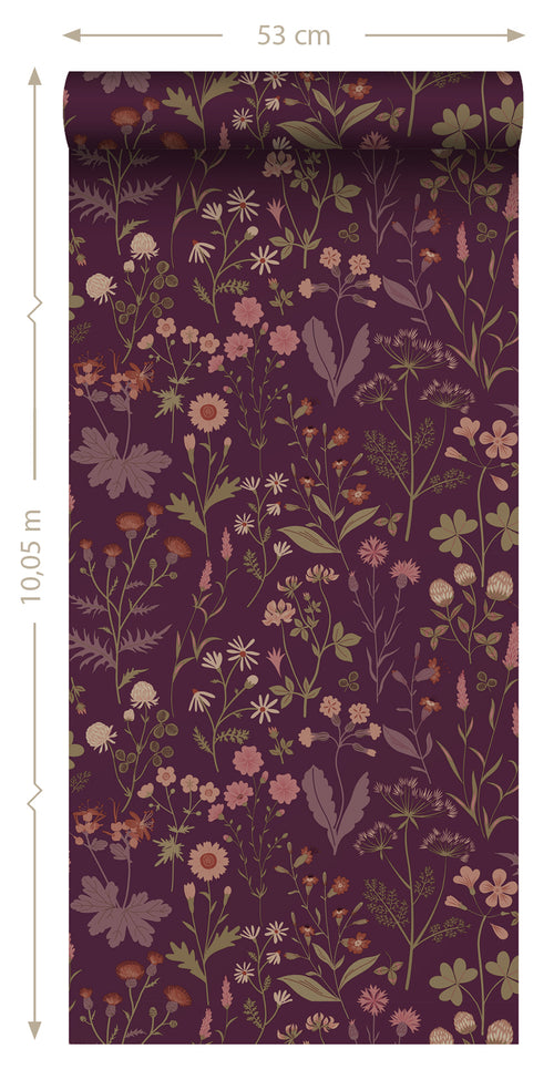 ESTAhome behang veldbloemen aubergine paars - 50 x 900 cm - 131637 - vtwonen shop
