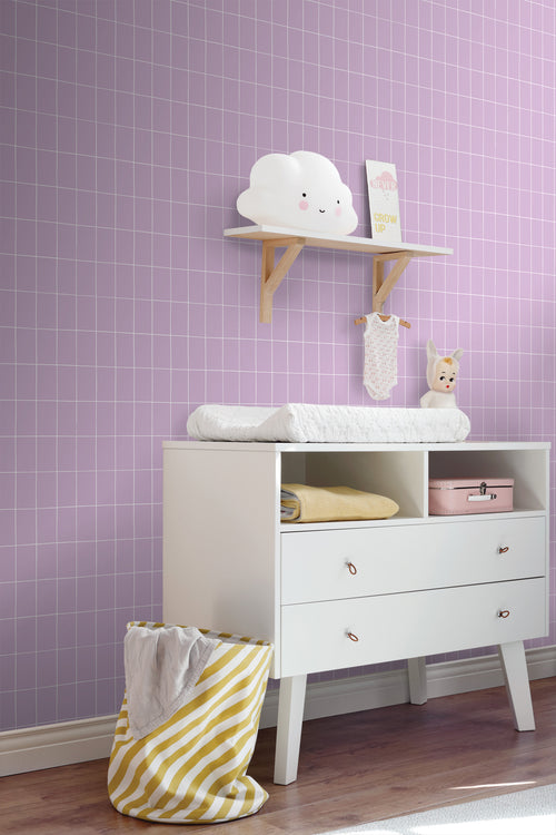 ESTAhome behang kleine tegeltjes lila paars en wit - 53 cm x 10.05 m - 139961 - vtwonen shop