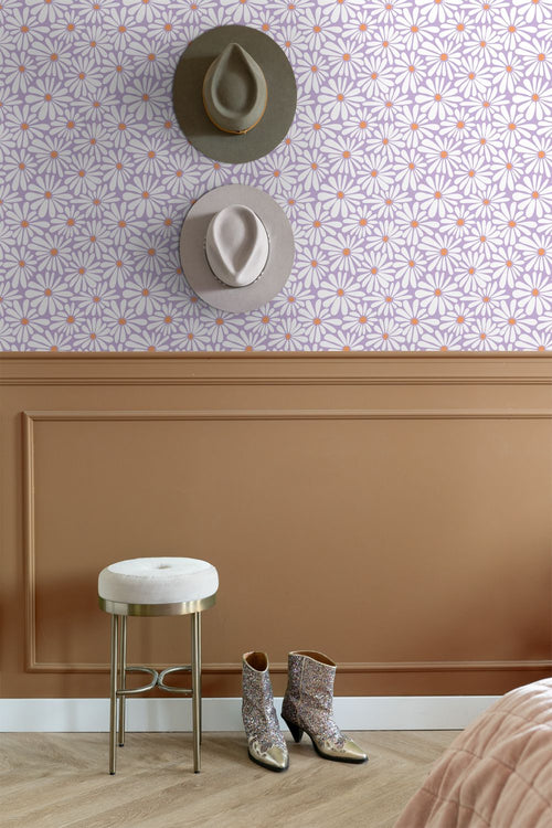 ESTAhome behang madeliefjes lila paars en oranje - 53 cm x 10.05 m - 131153