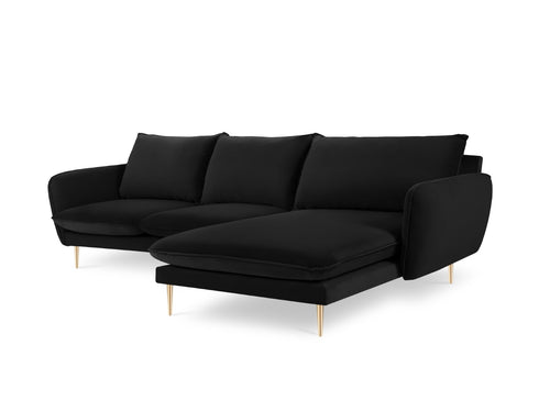 Cosmopolitan Design rechter hoekbank Vienna 5-zits, flueel, zwart - 170x255x95cm