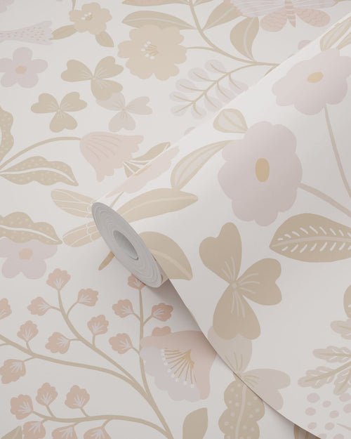 ESTAhome behang bloemen en vogels wit, beige en zacht roze - 53 cm x 10.05 m - 139866