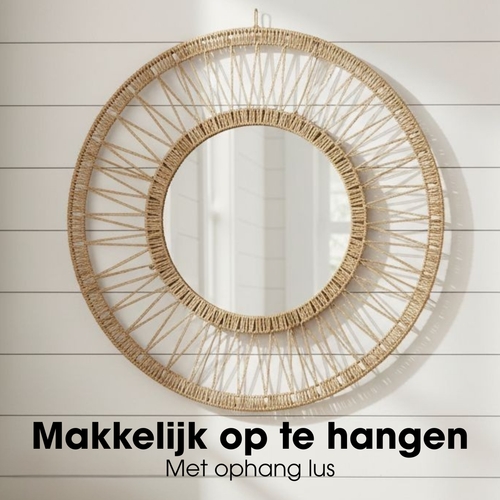 Mica Decorations Ludy Spiegel Rotan - Wandspiegel - Boho Decoratie - Decoratieve Spiegel Ø70 cm - Jute - Lichtbruin