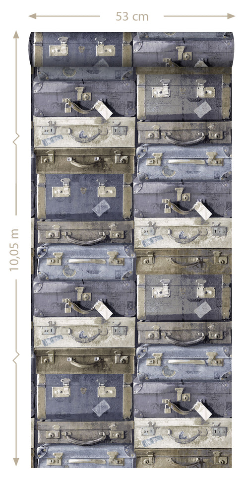 ESTAhome behang vintage koffers blauw en bruin - 53 cm x 10.05 m - 138215
