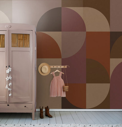 ESTAhome fotobehang cirkels in Bauhaus stijl bruin, paars en terracotta - 2.5 x 2.79 m - 159644