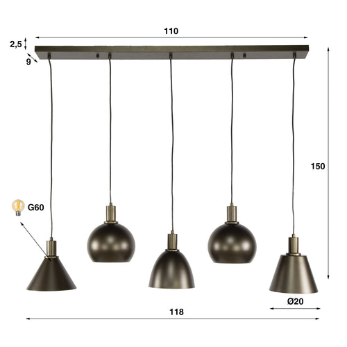 Hoyz Collection - Hanglamp Metallo Mix 5-lichts - Sienna Bruin