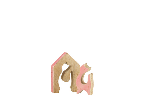 J-Line decoratie Huis Kat - hout - roze/naturel - small