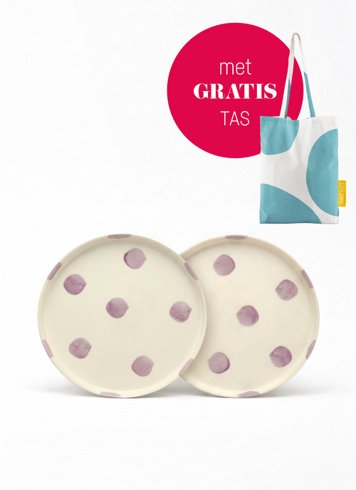 vtwonen -  Lunchbord - Stippen - Lila - Set van 2 - Keramiek - 20cm
