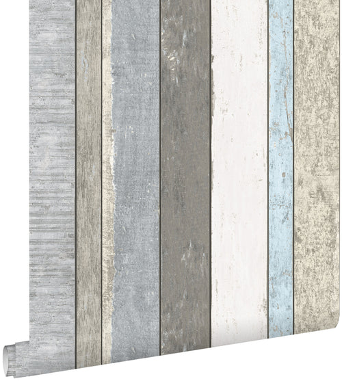 ESTAhome behang houten plankjes grijs en lichtblauw - 53 cm x 10.05 m - 138250