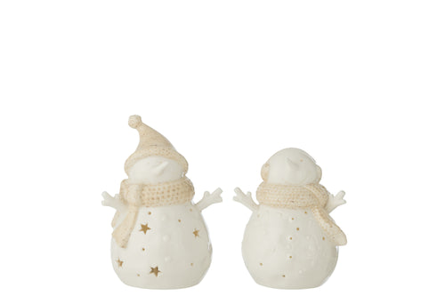 J-Line figuur Sneeuwpop - keramiek - wit/beige - small - 2 stuks - LED - vtwonen shop