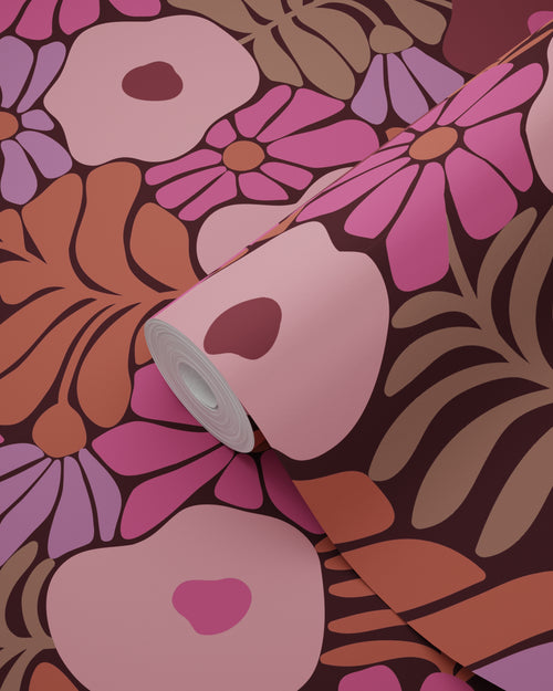 ESTAhome behang bloemen in Matisse stijl roze, paars en terracotta - 50 x 900 cm - 131136 - vtwonen shop