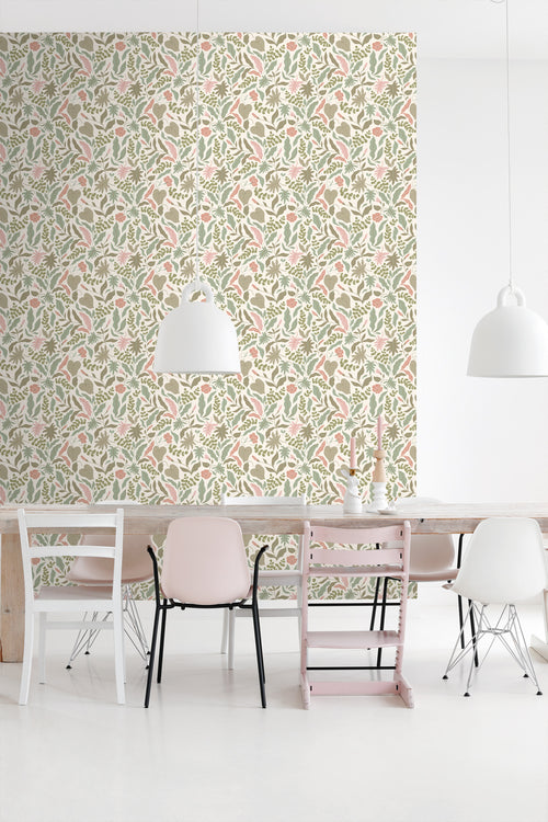 ESTAhome behang bladeren en bloemen vergrijsd groen en roze - 50 x 900 cm - 131050 - vtwonen shop