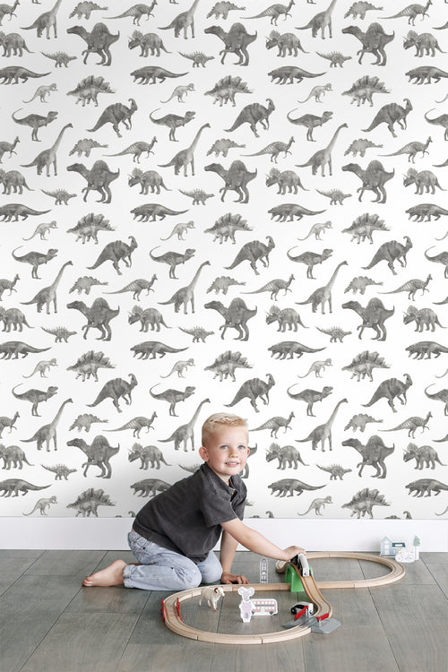 ESTAhome behang dinosaurussen grijs - 50 x 900 cm - 131203