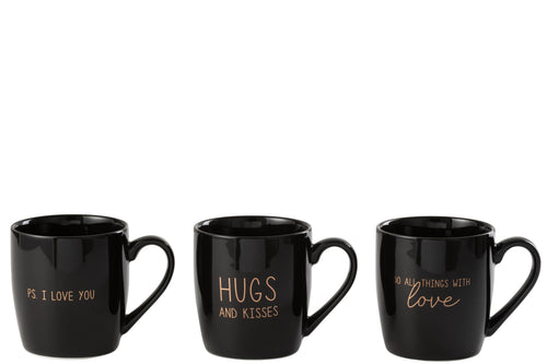 J-Line koffietas Liefde - keramiek - zwart - 3 stuks