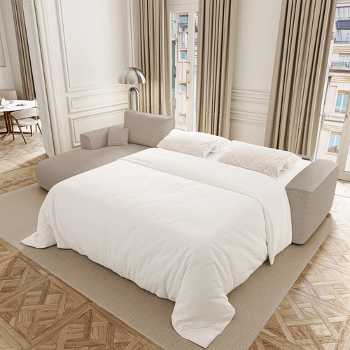 Premium Interiors - Linkerhoekbank met snelle uitklapfunctie COMO - bouclé-stof beige 300cm