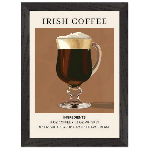 Artfulprints Poster met Lijst Irish Coffee - Ingrediënten   - A4 21x29.7 cm - Bruin