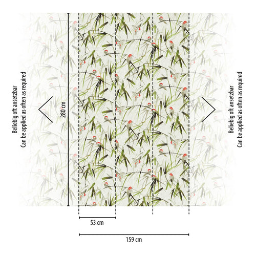 Livingwalls fotobehang vogels beige, groen, zwart en rood - 159 x 280 cm - AS-393121