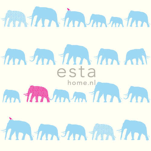ESTAhome behang olifanten turquoise en roze - 53 cm x 10.05 m - 137329
