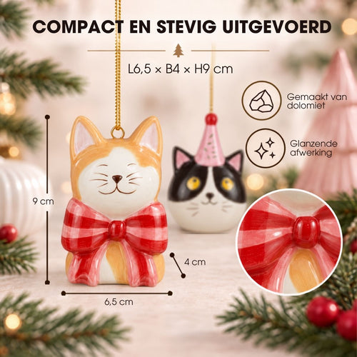 Mica Decorations Ornament Cadeau Set Kat Oranje Zwart 2 Stuks - Kerstornamenten van Dolomiet met Strik en Feestmuts - Kerstboomhangers voor Kerstboom