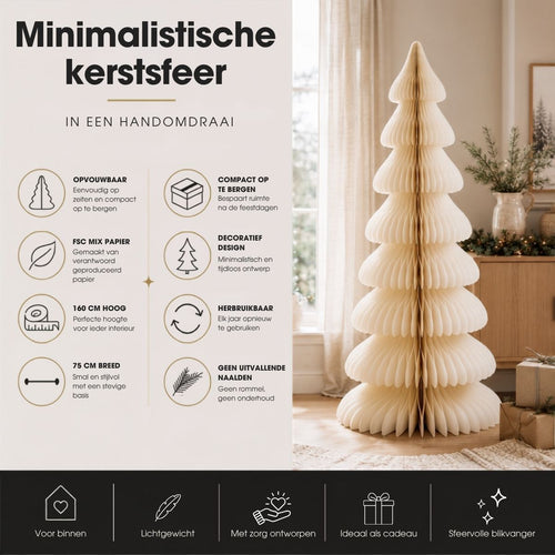 Mica Decorations Papieren Kerstboom - Opvouwbare Kunstkerstboom - H160  x Ø75cm - Kerst Decoratie - FSC Mix - Off-White/Goud